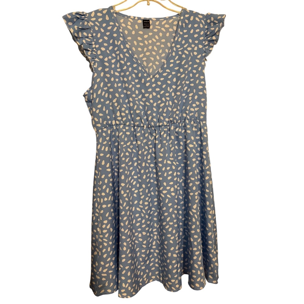 Cute! Mini Dress Blue White Print Ruffle Sleeve V Neck Summer Dress‎ L EUC